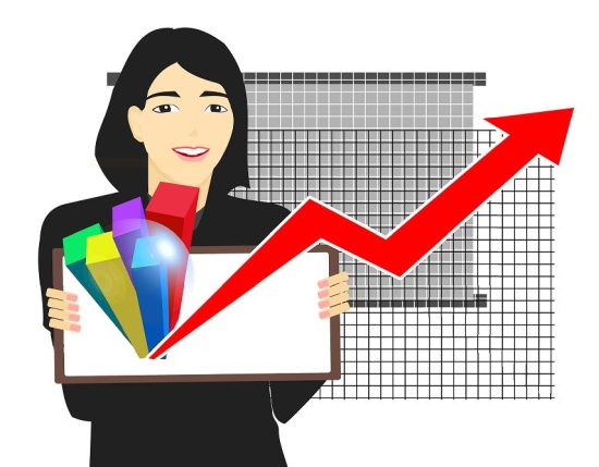 Ilustracja przedstawiająca wykresy i kobietę trzymającą tablicę Ilustracja przedstawiająca wykresy i kobietę trzymającą tablicę