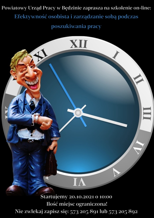 rysunkowa ilustracja przedstawiająca mężczyznę spoglądającego na zegarek stanowiąca plakat wydarzenia