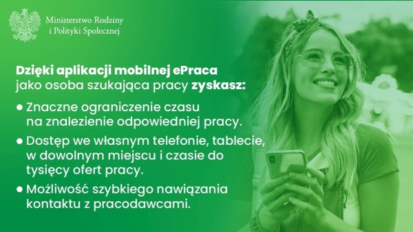 Grafika przedstawiająca kobietę korzystającą ze smartfona - Dzięki aplikacji mobilnej jako osoba szukająca pracy zyskasz Grafika przedstawiająca kobietę korzystającą ze smartfona - Dzięki aplikacji mobilnej jako osoba szukająca pracy zyskasz