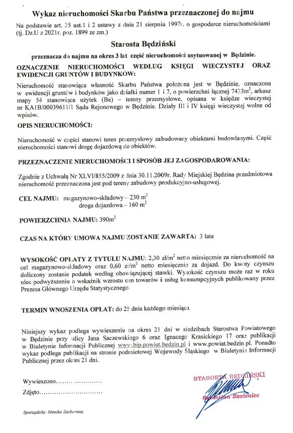 Skan pisma z treścią komunikatu