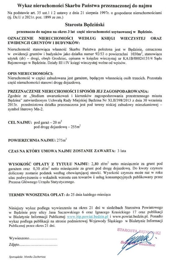 Skan pisma z treścią komunikatu