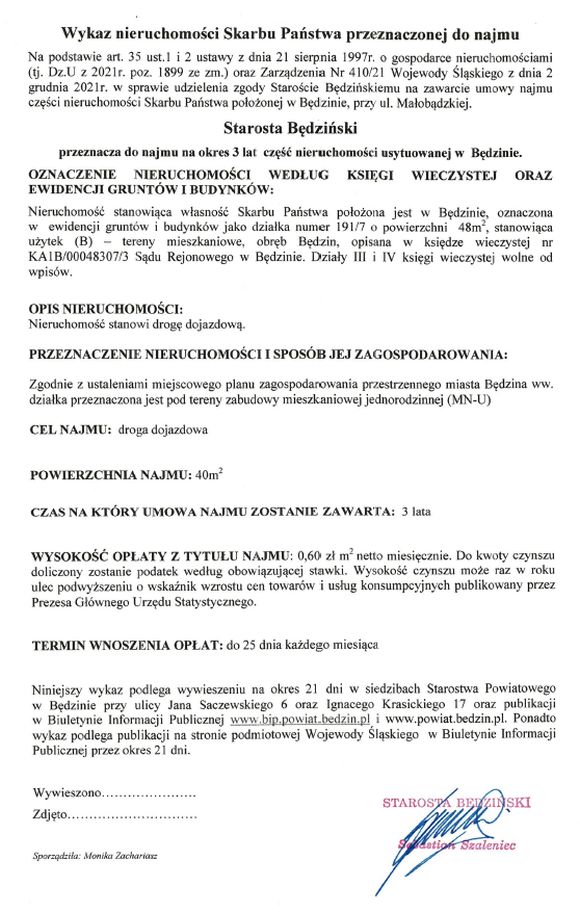 Skan pisma z treścią komunikatu