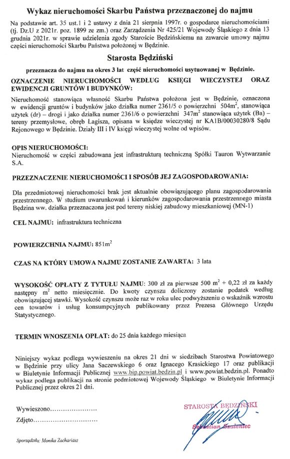 Skan pisma z treścią komunikatu